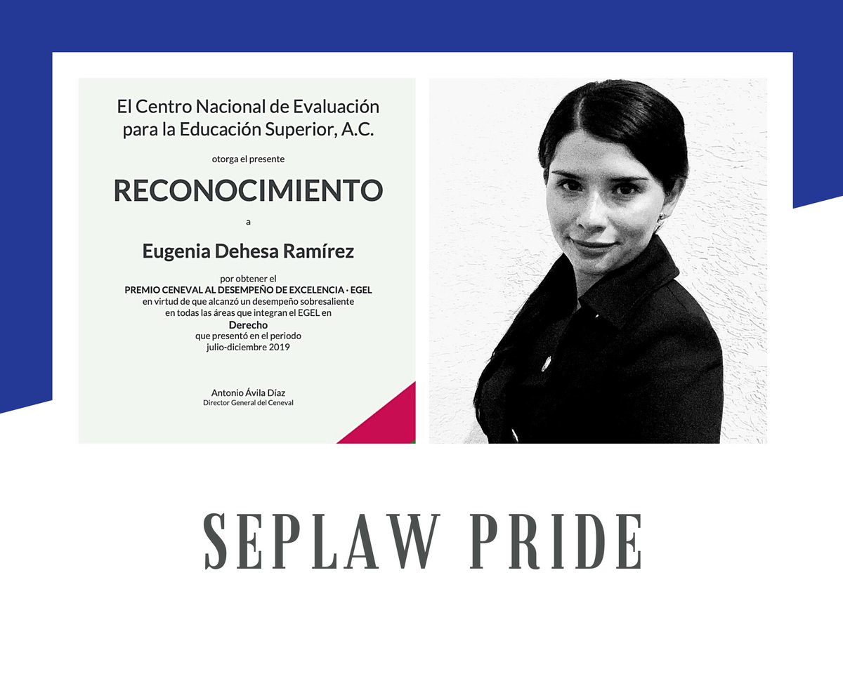 Honored to have exceptional women attorneys in our staff <a href="/edrmz12/">Eugenia Dehesa</a>. Award by <a href="/SomosCeneval/">CENEVAL</a> for obtaining a highest score in her JD evaluation. #womeninlaw #womenprofessionals #womenatwork #seplawpride