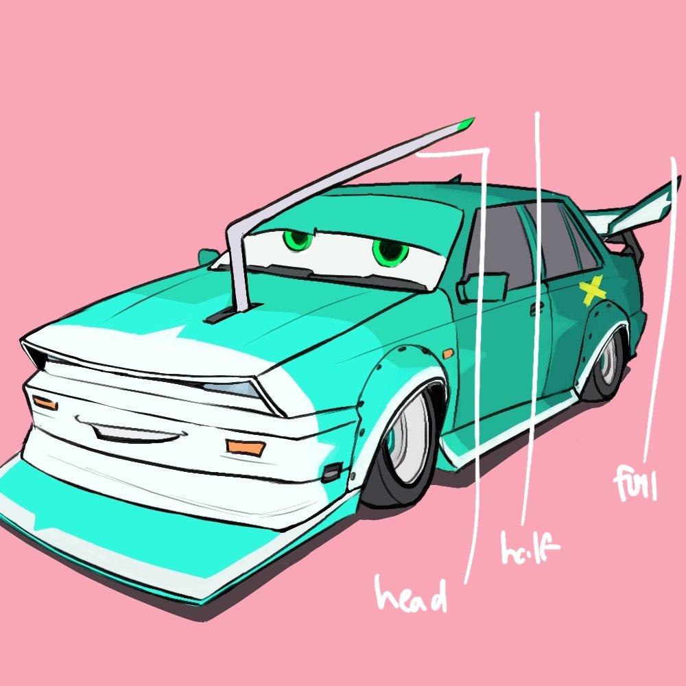 NerdyWaltzing's tweet photo. Cars example: Commision for @/Luchabites on Instagram of their car OC, Carl (Left) 🌟 Half = bust, Full = halfbody.
#cars https://t.co/yn0TXFNzb0