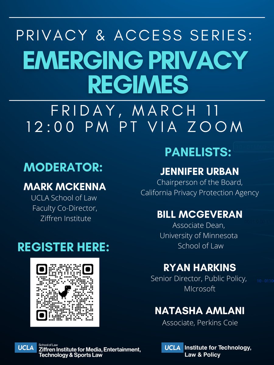 ZiffrenInstitute (@zimets_uclalaw) on Twitter photo Join us on Friday, March 11th at 12 PM PT for the second event in our Privacy and Access Series, Emerging Privacy Regimes.
Co-sponsored by <a href="/UCLAtech/">UCLA Institute for Technology, Law & Policy</a>
Zoom Registration: ucla.zoom.us/webinar/regist… Join us on Friday, March 11th at 12 PM PT for the second event in our Privacy and Access Series, Emerging Privacy Regimes.
Co-sponsored by <a href="/UCLAtech/">UCLA Institute for Technology, Law & Policy</a>
Zoom Registration: ucla.zoom.us/webinar/regist…
