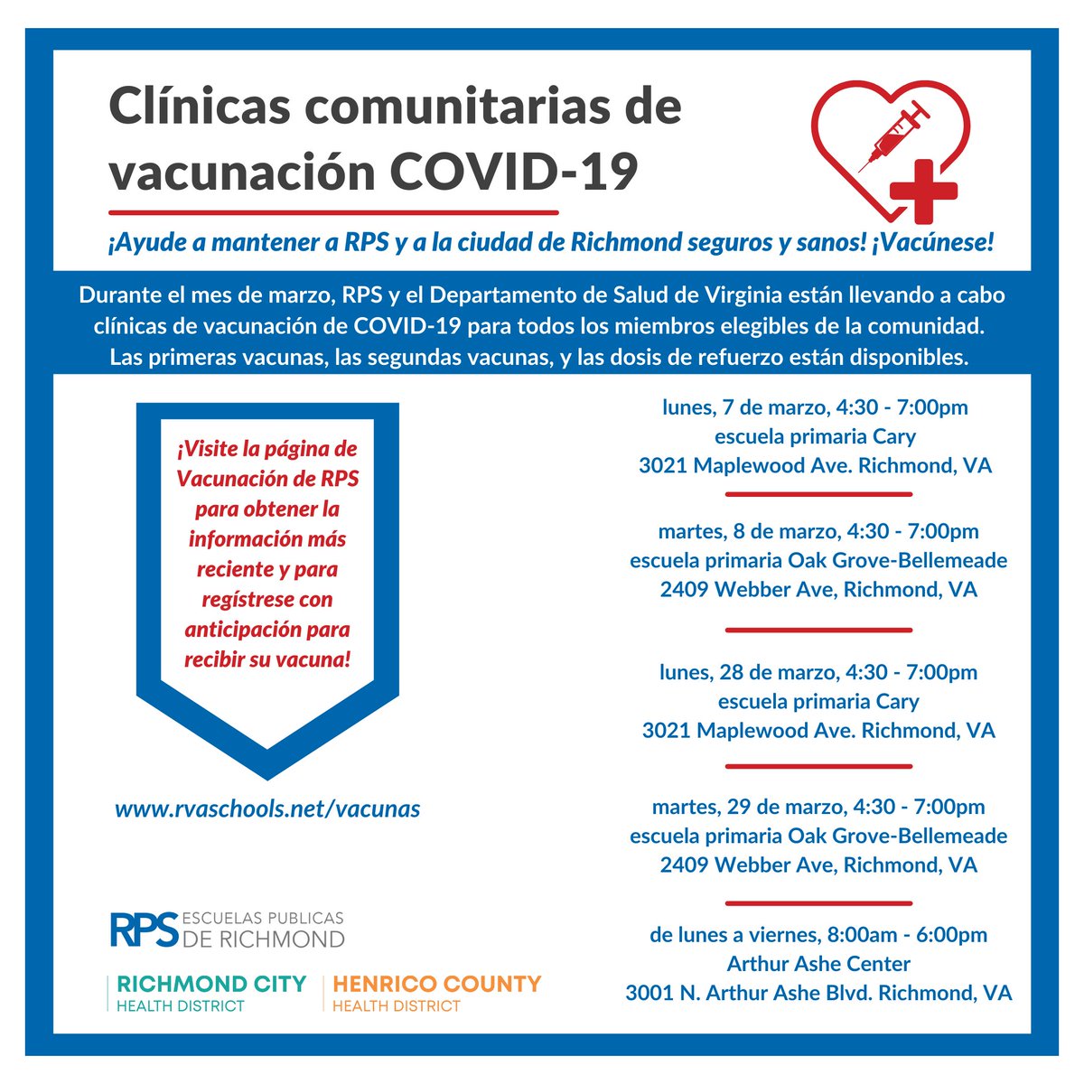 RPS_Schools's tweet photo. We're holding our last round of COVID-19 Vaccination Clinics this month. Please find a time that works for you to get your 1st, 2nd, or booster dose of the COVID-19 vaccine. Remember, everyone 5-years-old and up is eligible! https://t.co/WmPUkjfDAn #WeAreRPS #RPSStrong https://t.co/DpMSsK9IjX