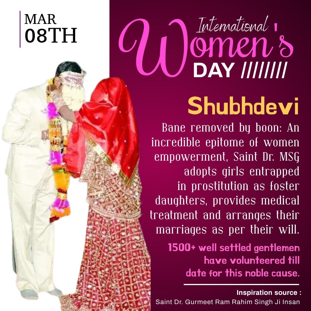 Dera Sacha Sauda has started many initiatives to empower women and cherish their strength. They include many like, Shubhdevi: Rescuing, adopting and connecting the girls trapped in prostitution to mainstream
#InternationalWomensDay
#IWD2020
#GenerationEquality
