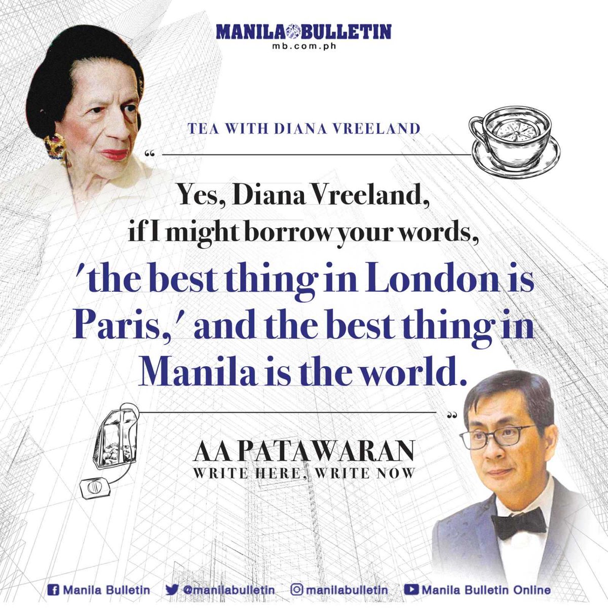 manilabulletin's tweet photo. Tea with Diana Vreeland

The world, and especially Greenbelt, has changed dramatically since then, but Diana Vreeland is forever.

Read: https://t.co/u669xdl83A

#BeFullyInformed #WHWN #DianaVreeland #AAPatawaran https://t.co/iSpmKjmXdM