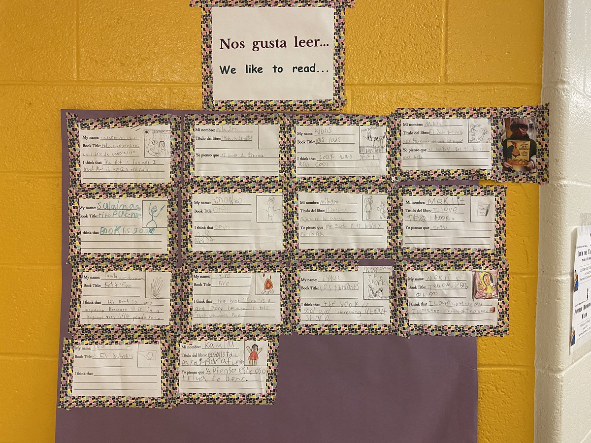 At RTES ¡nos gusta leer! Students write book recommendations in English and español para que sus compañeros puedan escoger los libros mejores! #rtes #mcps #duallanguage <a href="/Esema_Leads/">Michelle Esema</a> <a href="/cowboyandt/">Tessa Arevalo</a> @TCLSDT #bilingue