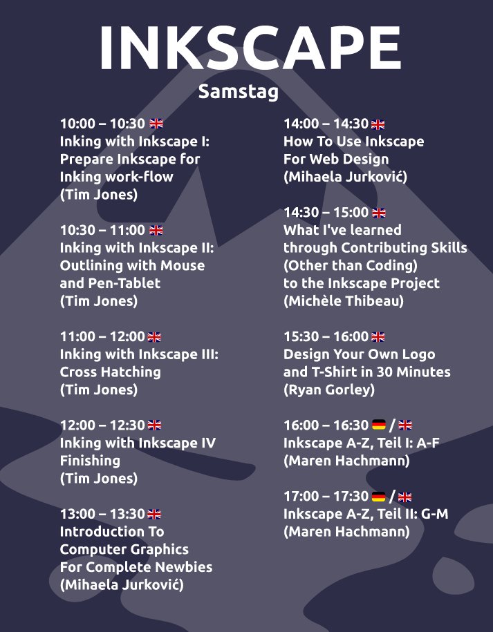 inkscape's tweet image. Join #Inkscape contributors @ Chemnitz Linux Days 2022, Sat.-Sun., Mar. 12-13! Virtual booth, 2 days of free Inkscape sessions: Getting Started: extensions dev; Using Inkscape for web design; Inking with Inkscape &amp;amp; more! 
chemnitzer.linux-tage.de/2022/en #CLT2022 #FLOSS #artwithopensource