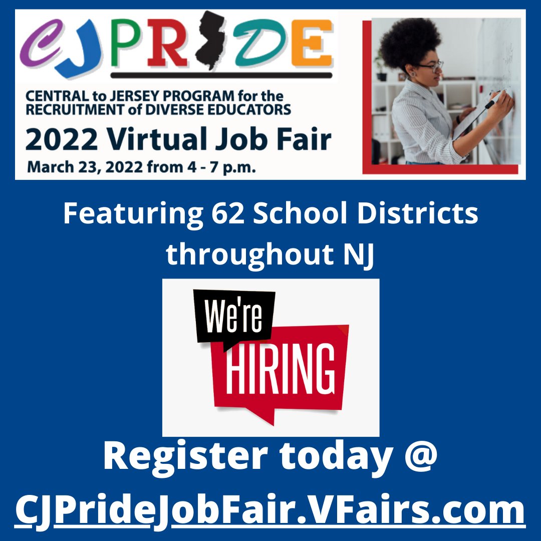 Get your resume ready and join us along with 62 other school districts throughout New Jersey for the CJ Pride 2022 Virtual Job Fair! Don't miss this event. Register today at CJPrideJobFair.VFairs.com! #nj #teaching #jobs #education #jobfair #newjersey #njschooljobs