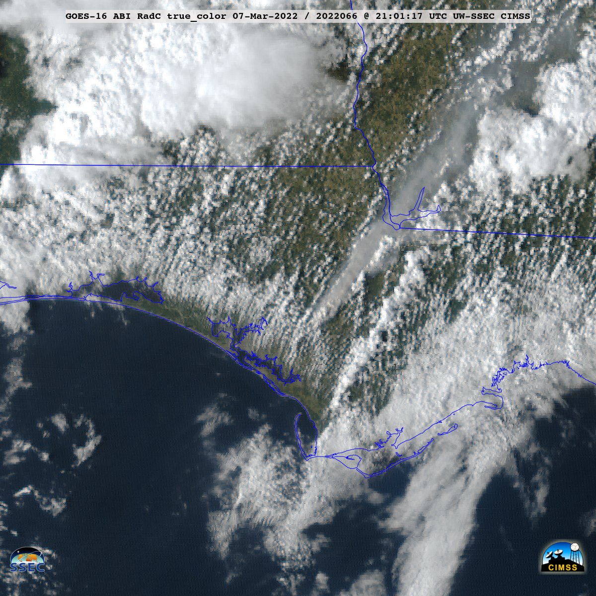 CIMSS_Satellite's tweet image. #GOES16/#GOESeast True Color RGB images (created using @UWSSEC #Geo2Grid) revealed pyrocumulus clouds and the large smoke plume produced by the #ChipolaComplex, which extended into southwestern Georgia: cimss.ssec.wisc.edu/satellite-blog… #FLwx #GAwx