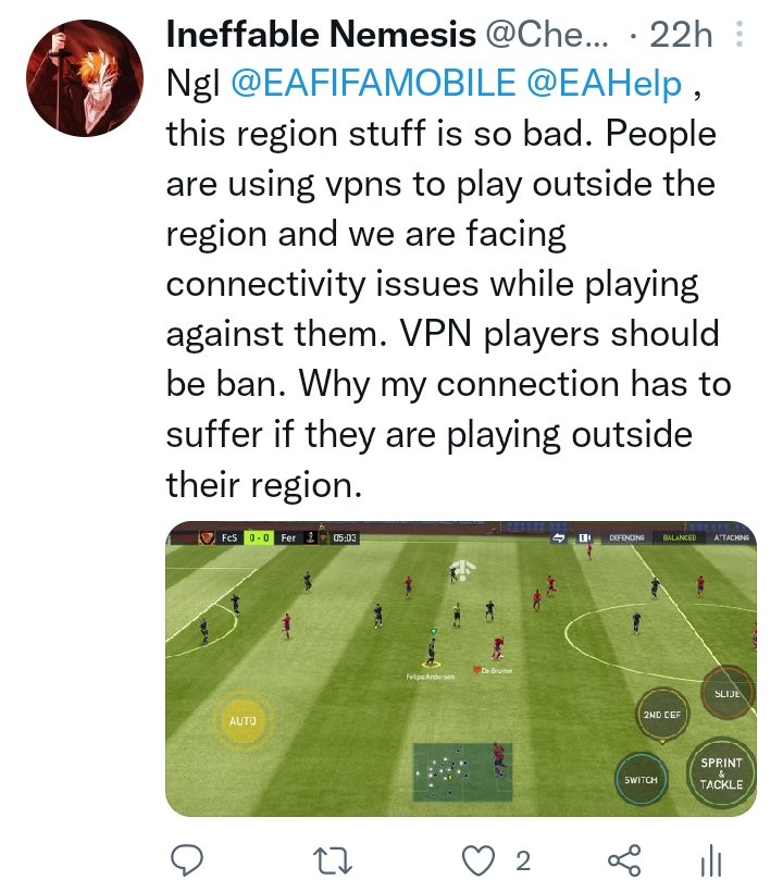 ChetanG08250742's tweet photo. @EAFIFAMOBILE Do something about the von players. This is frustrating,
#banvpn players. https://t.co/9WXsQe21Hl
