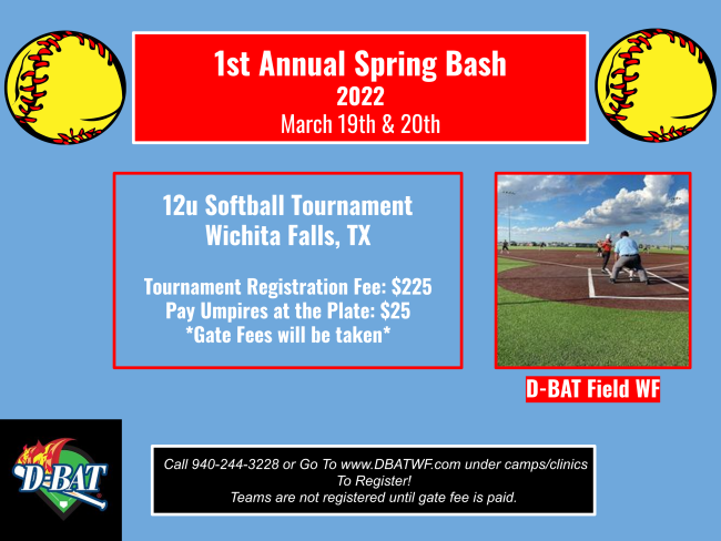 DBatWF's tweet photo. We're just two weekends away from our first tournament of the year!!

1st Annual Spring Bash
12u Softball Tournament
D-BAT Field

Sign Up Using the Link Below!
https://t.co/wXYjwRo8LO https://t.co/yizowZeAf0