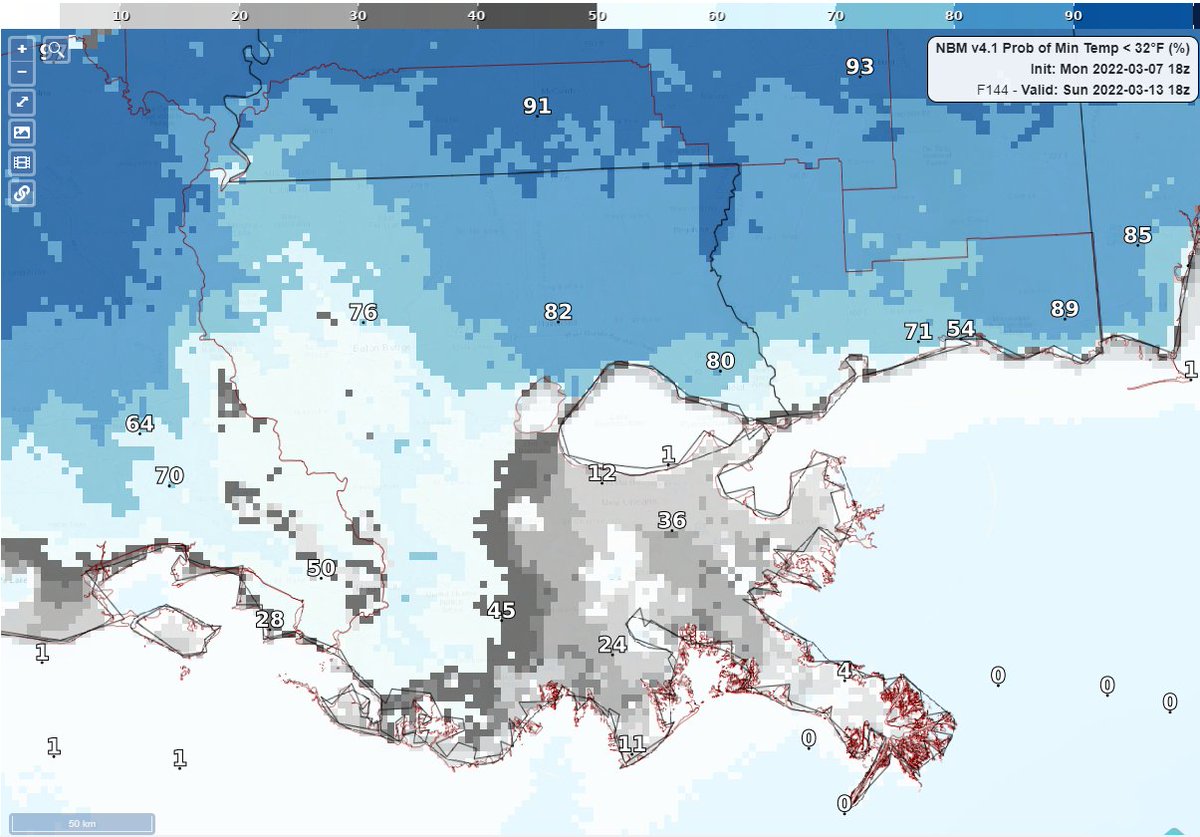 NWSNewOrleans's tweet photo. 🥶 Confidence is high that we will see widespread freezing temps. Both the @CIPSAnalogs &amp; NBM have a high probability of below 32 degrees Sunday. There is even a chance that some locations could see hard freeze conditions indicated by some of the colder guidance. #LAwx #MSwx https://t.co/hVUB9YCgHH