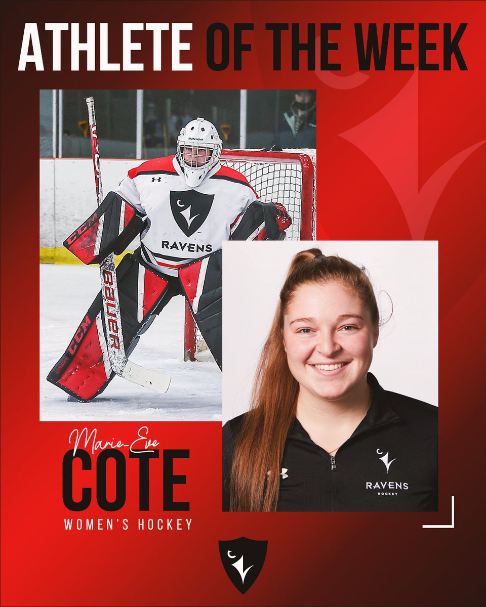 CURavens's tweet photo. Marie-Eve Cote is your Ravens Women’s Athlete of the Week 🏆

The 2nd-year goaltender was a bright spot for the Ravens in round 1 of the RSEQ playoffs. Cote made 49 saves with a save percentage of 0.947 🏒 https://t.co/baTgNpmYNW