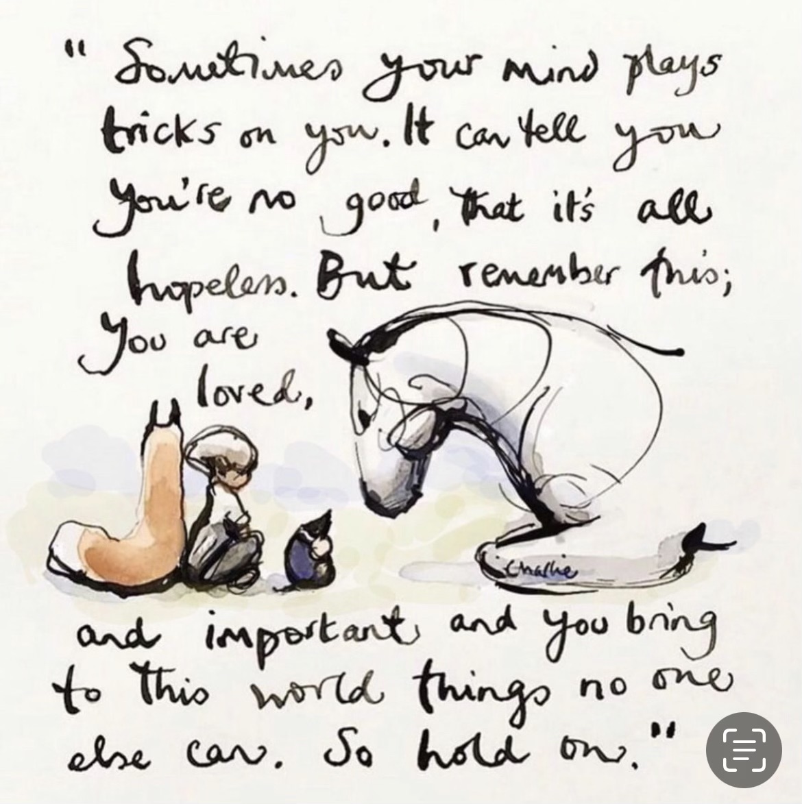 twohearts_horse's tweet photo. "Sometimes your mind plays tricks on you.  It can tell you you're no good, that it's all hopeless. But remember this; you are loved, and important, and you bring to this world things no one else can.  So hold on."  
#trauma #horsetherapy #hope #healing #horses #givehope #life https://t.co/49He9V5NMC