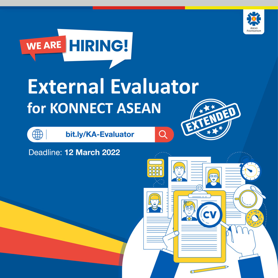 aseanfoundation's tweet photo. Deadline extended! ๐ข
We are looking for an #ExternalEvaluator to conduct an evaluation for #KONNECTASEAN, our arts and culture programme.
Apply by 12 March 2022 at https://t.co/gDlkgvJoQs
#WeAreASEAN #Consultant https://t.co/QZgv0ZhJuU
