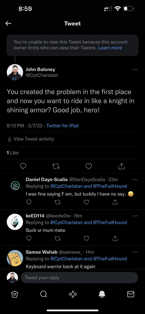 CptCharlatan's tweet photo. Looks like @TheFudHound doesn’t take criticism well. Fraud Hound. @johnkarony fire this clown. https://t.co/BxHeYNG99Q