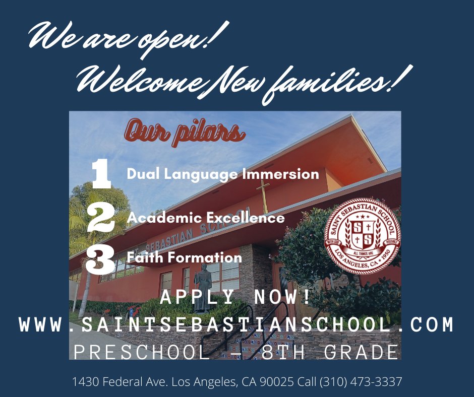 StSebastianLA's tweet photo. Are you looking for a school where your children can feel at home? Be part of our Saint Sebastian Family! We are currently accepting applications for the 2022-2023 school year. 
If you are interested please fill out an application here: https://t.co/4i5Ceinf6j https://t.co/NWOcrEmP5F
