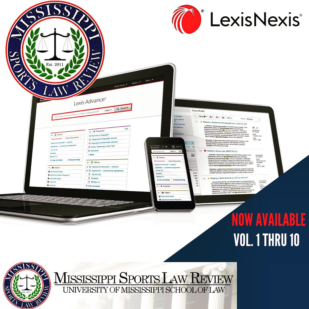 MS_SportsLaw's tweet photo. #MSLR Alert #Announcement
The Mississippi Sports Law Review-Journal is happy to announce that you can now find all volumes on Lexis Nexis (Lexis +).
 
#SportsLaw #OleMiss #HottyToddy #LawReview #OleMissLaw @jnoonan1307 @PROFBERRY @rrychlak @IRichardGershon @umisslaw @Jcampbell21 https://t.co/bESY54umuQ