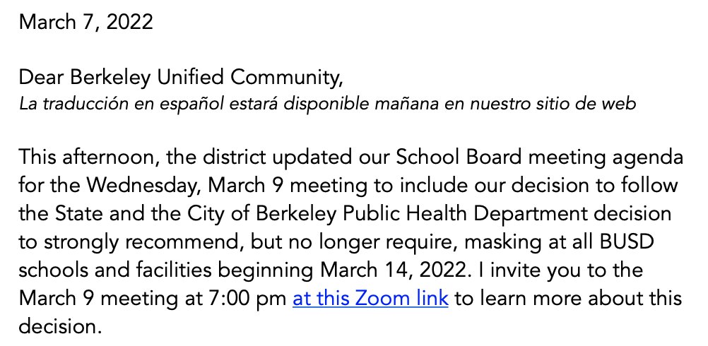 BerkeleyOpen's tweet photo. . @BerkeleyUnified will end its mask mandate on March 14!

It's a symbolic date - exactly 2 years since schools closed. After all they've been forced to give up, these kids deserve this release. Thank you @BerkeleyUnified for doing the right thing. 1/2 https://t.co/Z5hUZTLwXk