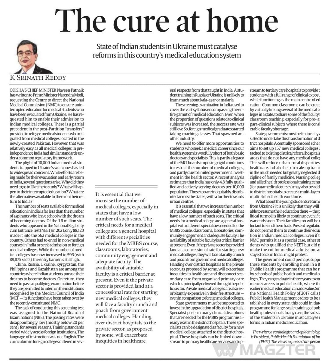 thePHFI's tweet photo. #Opinion: Prof.K.Srinath Reddy "We need to offer more opportunities to students who seek a medical career since our health system is woefully short of both basic doctors and specialists." https://t.co/uk2Tiqlj5w @MoHFW_INDIA @NITIAayog https://t.co/SNiyq9i4SW