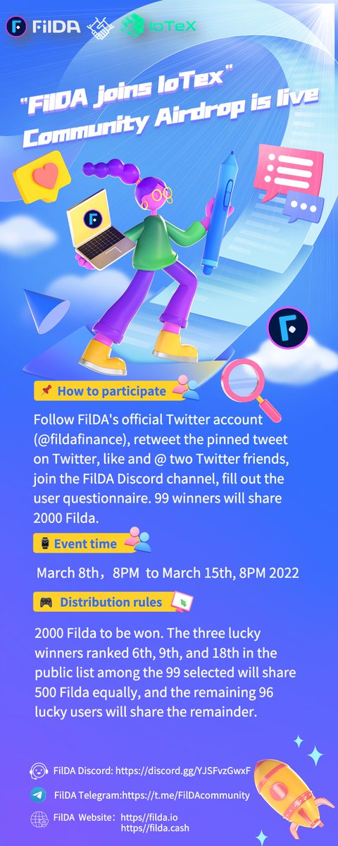 💰FilDA joins IoTex: Community Airdrop is on!

⌚️Event time: March 8, 8pm - March 15, 8pm (UTC+8)

🤝Join FilDA Community Discord channel: discord.gg/2cD6tTdUCT

📃Airdrop rules and entry form: fildafinance.medium.com/filda-discord-…

<a href="/iotex_io/">IoTeX</a> #iotex #airdrop