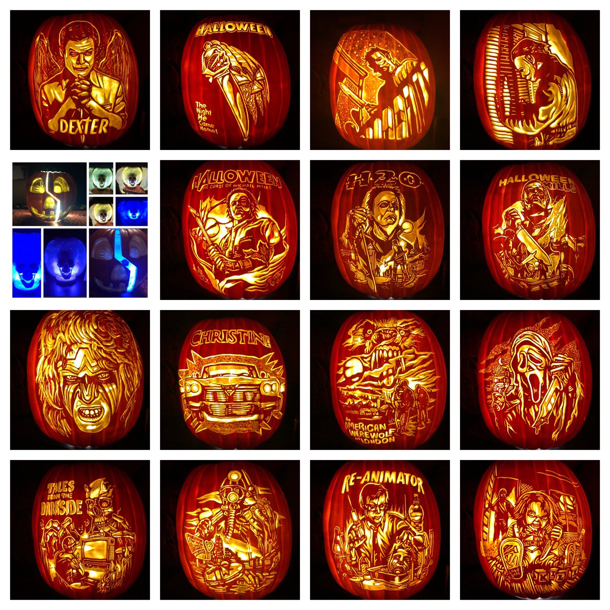 IanFetterman's tweet photo. This weekend these are the pumpkins that I’m bringing to @monstermaniacon along with three more. Original artwork by (Justin Osbourn). #halloween #dexter #mybloodyvalentine #halloweenkills #michaelmyers #frightrags #slasherdesign #justinosbourn #foampumpkin #ianspumpkincarvings https://t.co/i9mKKtJIAH