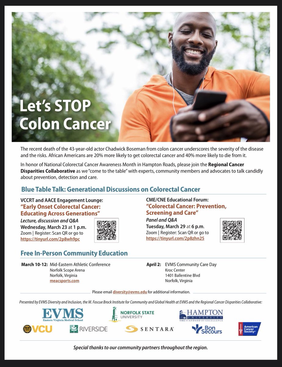 DrEthlynDNP's tweet photo. National Colorectal Cancer Awareness Month, join Hampton University and the Regional Cancer Disparities Collaborative as we “come to the table” with experts, community members and advocates to talk candidly. @BlackInGeron @DNPsofColor @sgsmgr @nnvalinks https://t.co/PmwCwNk3mz