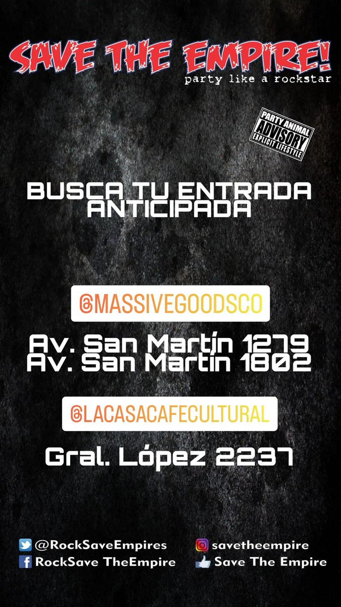 RockSaveEmpires's tweet photo. Ya podes buscar alguna de las entradas anticipadas para la edición de este sábado y asegurarte una noche de fiesta y rock!!! https://t.co/T6KUWZTnvT