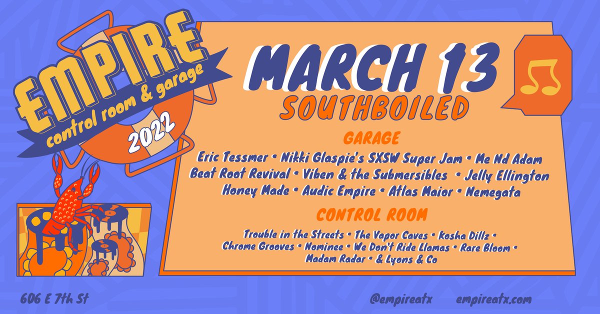 atxconcert's tweet photo. 🦞 SXSW GIVEAWAY 🦞

We are giving away FIVE pairs of tickets to attend SOUTHBOILED! (March 13th at @EmpireATX)

Expect 20 bands &amp; a crawfish boil.

Rules to win:
① RT this post
② Follow @atxconcert
③ Tag your +1 in the comments

Buy tickets: https://t.co/LzNQRwwtL0 #sxsw https://t.co/Gw8ndYeOdy