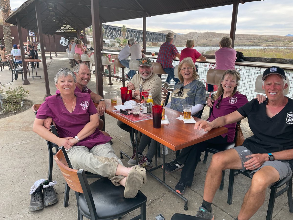 MarshallUlrich's tweet photo. After finishing 6 marathons in 6 days on Route 66 it was time to share a beer, good food, and loving company at Topock66 on the CO River with Mace, Pam, Dr. Bob, Chris Frost, and Randy Stephenson and his wife. Help us meet our fundraising goal. https://t.co/XKD4i4B7Az https://t.co/ScvNMDtUcV
