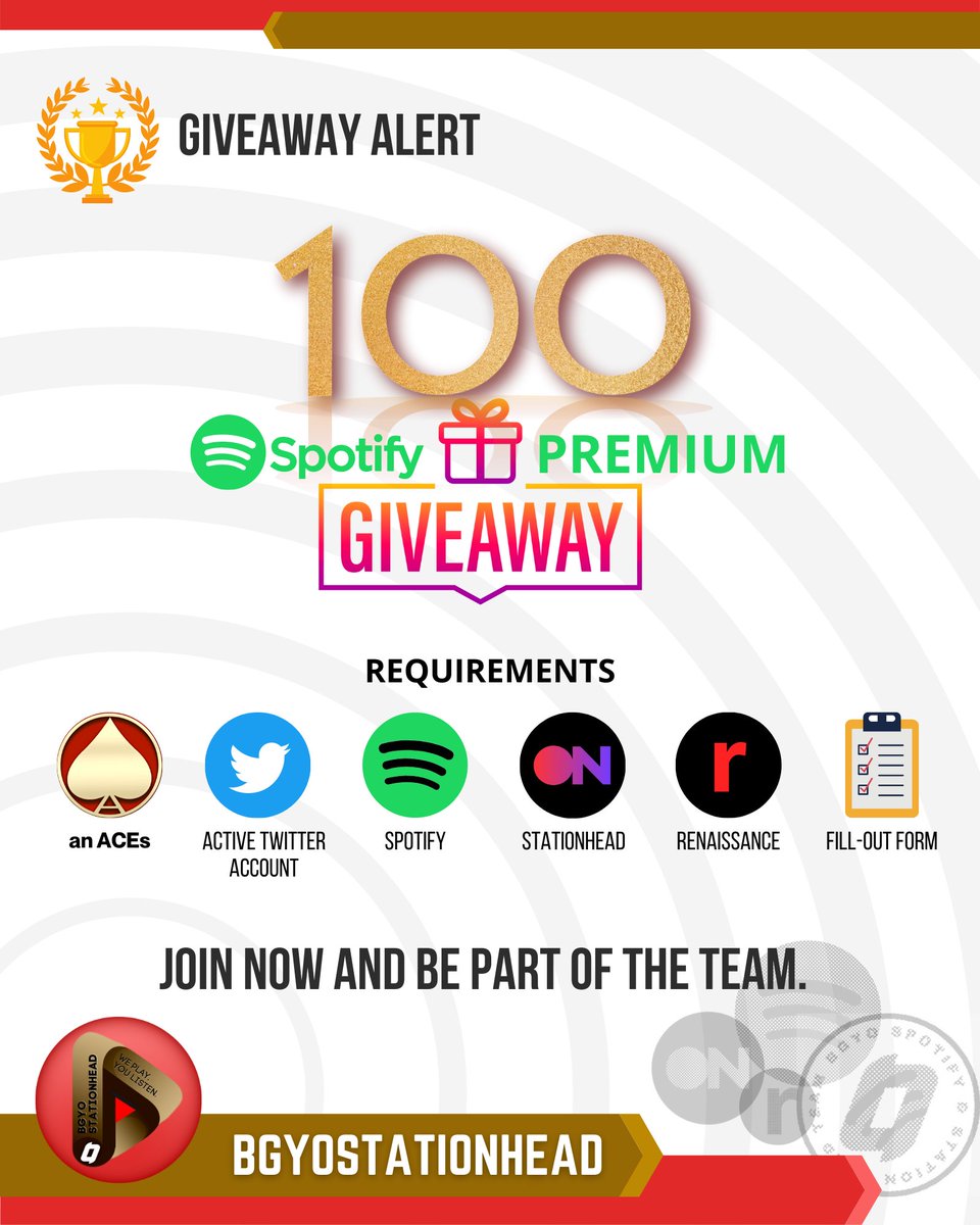 🎁GIVEAWAY ALERT 

ACEs, are you ready for Summer Streaming? Go, get your own Spotify Premium now...It's totally FREE!

Register here:
🔗forms.gle/iubJ6JaQ4sJwEf…

#BGYO_SH_SummerTreat
#BGYO @bgyo_ph @BGYOSpotifyTeam