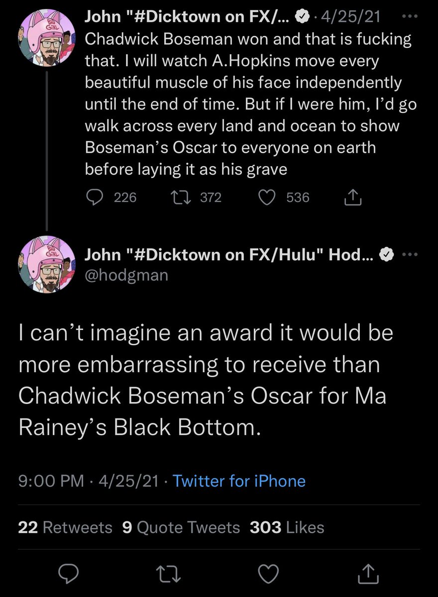 As we wind down Oscar season, let’s remember when John Hodgman bet Chadwick Boseman’s loss would be a social justice issue, and whiffed it so badly he didn’t even get 600 likes. https://t.co/1sga4ln6TS