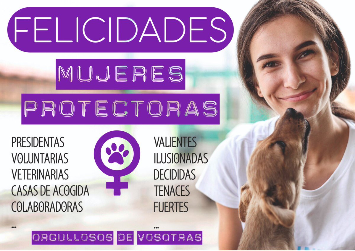 FELICIDADES 💜🐾💜

Sois el alma de las PROTECTORAS de ANIMALES. 

GRACIAS POR TODO LO QUE HACÉIS CADA DÍA POR LOS QUE NO TIENEN VOZ
🐶🐷😿🐔🐱🐴🐏🦆🐮🐑

SIN VOSOTRAS, ESTA LUCHA POR SUS DERECHOS Y SU BIENESTAR SERÍA IMPOSIBLE. 
#vivanlasmujeresprotectoras