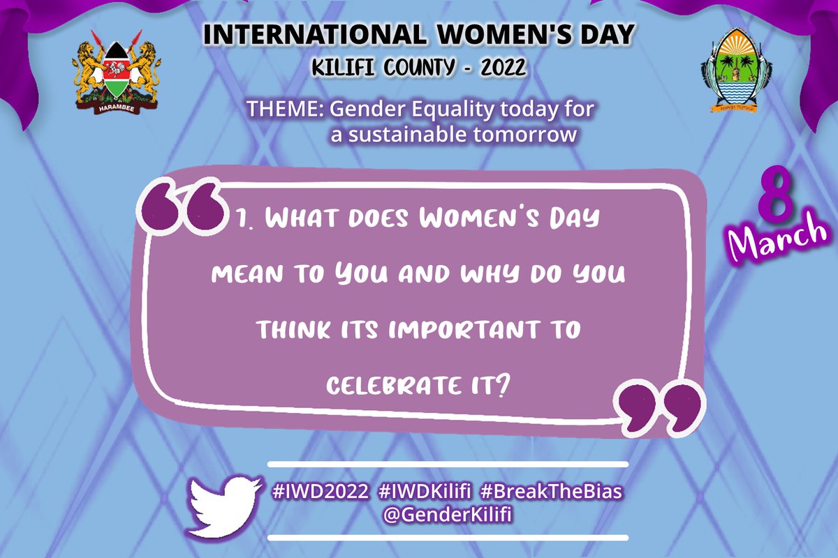 GenderKilifi's tweet photo. Q.1. What does Women's Day mean to you and why do you think it's important to celebrate it?
#BreakTheBias
#IWDKilifi
#IWD2022 @CSMargaretKobia @unwomenkenya @Georgina_Dulu1 @003CountyGender @kilifi_youth  @WaweruJackline @AgnetaKarembo @hearmyvoice_wn https://t.co/P7gJTeUCch