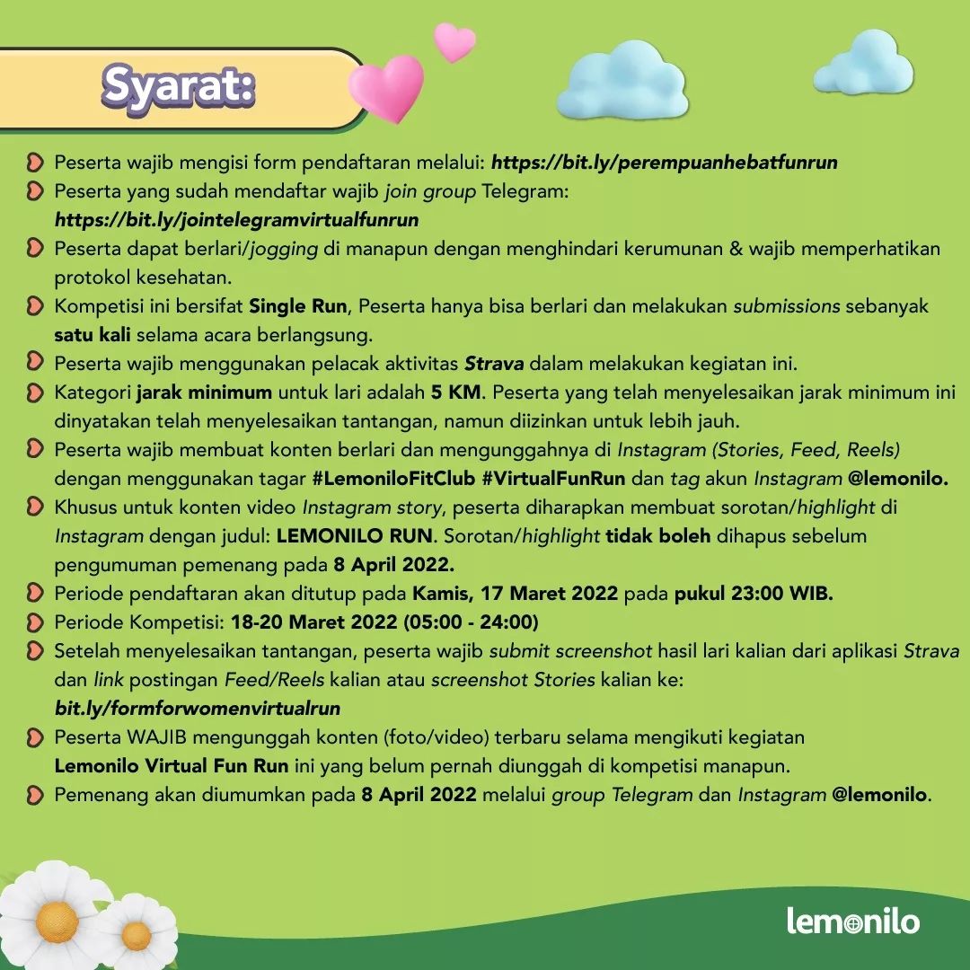 LarikuInfo's tweet image. 🔽
🍋 #PerempuanHebat Virtual Fun Run
🗓️ 18-20 Maret 2022
📐 5K • Virtual/Fun Run
🌤 Bebas / Anywhere
💛
🧿 LariKu.info/PHVR22 ️◀️
🔺
🔺

••••
#PerempuanHebat #VirtualFunRun #LemoniloFitClub #LariKuinfo LariKu.info/perempuanhebat…