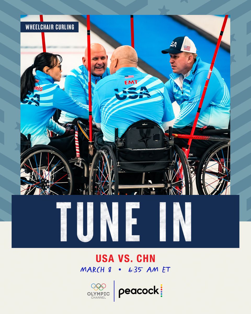 Team USA (@teamusa) on Twitter photo .<a href="/usacurl/">USA Curling</a> is back for another game of round robin. #WinterParalympics
⏰: 6:35 am ET
📺: <a href="/olympicchannel/">Olympic Channel</a> | @peacockTV .<a href="/usacurl/">USA Curling</a> is back for another game of round robin. #WinterParalympics
⏰: 6:35 am ET
📺: <a href="/olympicchannel/">Olympic Channel</a> | @peacockTV