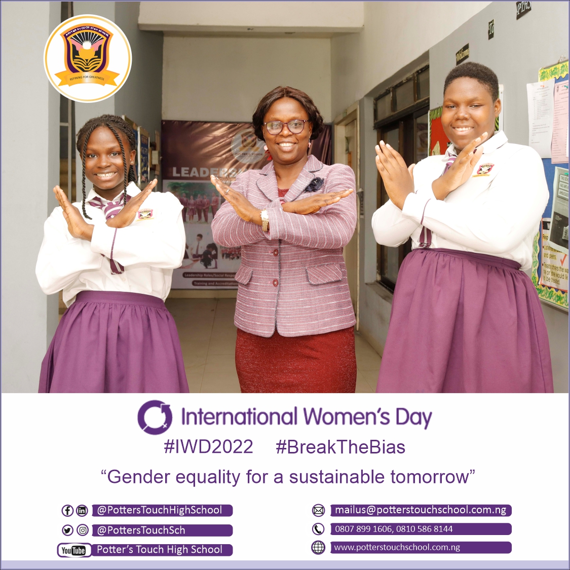 potterstouchsch's tweet photo. Happy International Women’s Day 2022!
We strongly believe in the theme: "Gender equality today for a sustainable tomorrow"
We are joining the campaign to #BreakTheBias in our society and the world at large.
#IWD2022 #InternationalWomensDay  #PTHS #refiningforgreatness https://t.co/YDVA3je6GZ