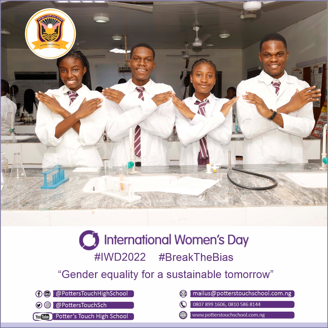 potterstouchsch's tweet photo. Happy International Women’s Day 2022!
We strongly believe in the theme: "Gender equality today for a sustainable tomorrow"
We are joining the campaign to #BreakTheBias in our society and the world at large.
#IWD2022 #InternationalWomensDay  #PTHS #refiningforgreatness https://t.co/YDVA3je6GZ