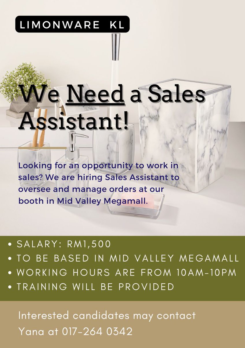 Assalam and greetings. Perlukan pekerja URGENT.
Kalau ada tau Siapa2 nak kerja.
Boleh contact number tertera or just reply or dm me.

Gaji dgn working hours to boleh bincang.
Location : Mid Valley

Please help to RT! spread this around.
May you have a great day, thank you!