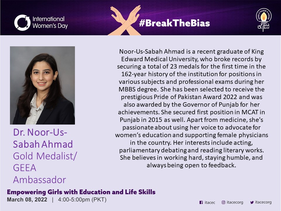 itacecorg's tweet photo. Meet the panelists for #IWD webinar #BreakTheBias: Empowering Girls with Education & Life Skills
-@NJLahori, Actor/Writer, Storyteller
-@SadaffeAbid, CEO @CIRCLEwomen_
-Umair Ali , Project Manager, EES @pkBritish
-Dr @NoorusabahAhmad, #GEEA Ambassador
https://t.co/wac5h8FuBv https://t.co/Uarhgei88L