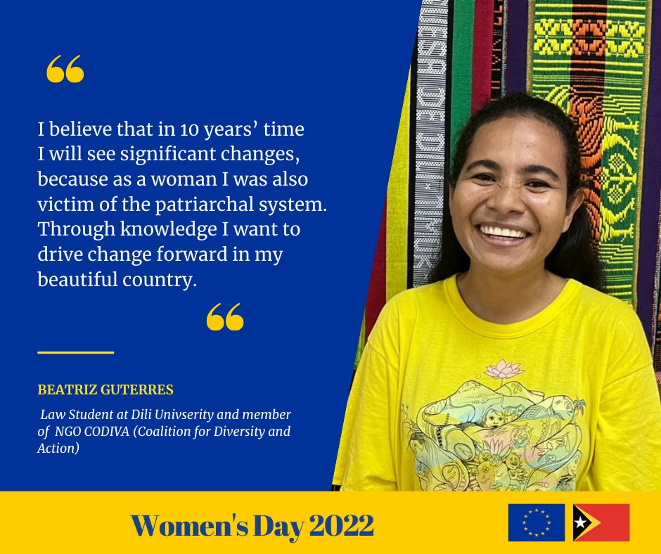 EU_TimorLeste's tweet photo. #InternationalWomensDay 
Young Beatriz believes that women should be included in the development process of #TimorLeste🇹🇱,so we all can live in a➕united, equal &amp; diverse society. Through @GlobalSpotlight, the🇪🇺proudly supports #Codiva's🏳️‍🌈 initiatives on #genderequality. @eu_eeas https://t.co/lpymSExCTm