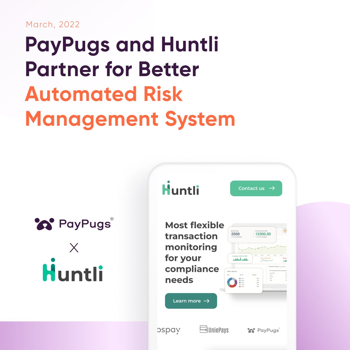 International Women's Day Special🌹

We have partnered with Huntli to improve our risk management system📝
Read the full announcement here: hubs.ly/Q015zffs0

#PayPugs #Huntli #fintech #digitalbanking #payments #aml #kyc #riskmanagement