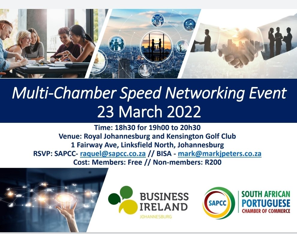 KA_Alumni's tweet photo. Join @BISAJoburg and the South African Portuguese Chamber of Commerce for their multi-channel speed networking event on 23 March 2022. This is a great opportunity to expand your network and a great reason to get out the house. https://t.co/rttF9iKpT5