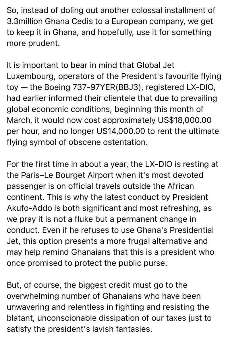 S_OkudzetoAblak's tweet photo. We must sincerely applaud Prez Akufo-Addo for flying commercial on Emirates to Dubai last night, and avoiding his favourite ostentatious charters which most of us have condemned.

By this refreshing new conduct, Prez Akufo-Addo has saved us GHS3.3million.

Hope this continues. 🙏🏽 https://t.co/ClIalv8wNz
