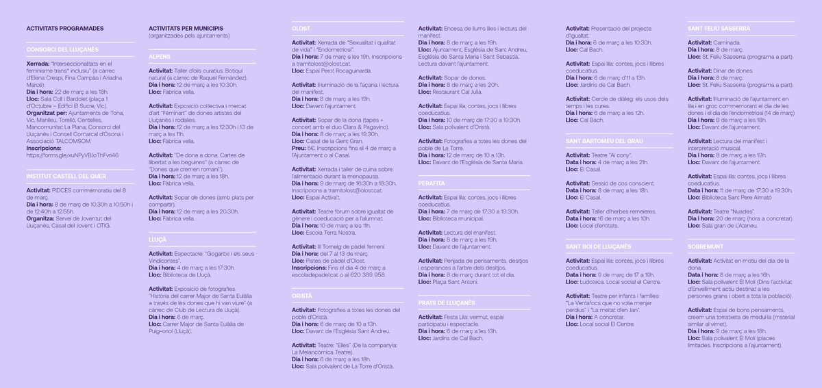 El #Lluçanès es bolca en la celebració i reivindicació del #8M, Dia Internacional de les Dones. 

Consulta totes les activitats previstes! #8MLluçanès