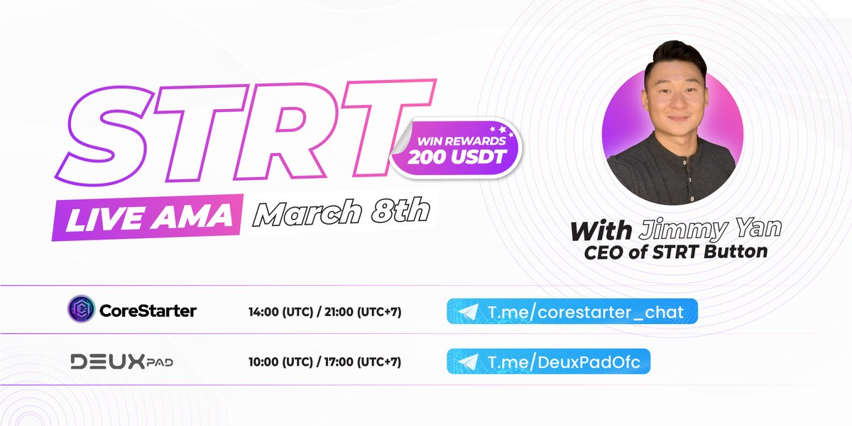 strtbutton's tweet photo. DON’T MISS OUR LIVE AMA TODAY❗️

💰JOIN &amp; WIN REWARD 200USDT💰

@CoreStarter : 2 PM UTC | 21.00 WIB (UTC+7)
📍 https://t.co/eGllluoQJz…

@DeuxPadOfc : 10 AM UTC | 17.00 WIB (UTC+7)
📍 https://t.co/pIbKrfBEes

Stay tuned for more awesome updates!🚀🚀🚀
#CoreStarter #DeuxStarter https://t.co/077TNCglqb
