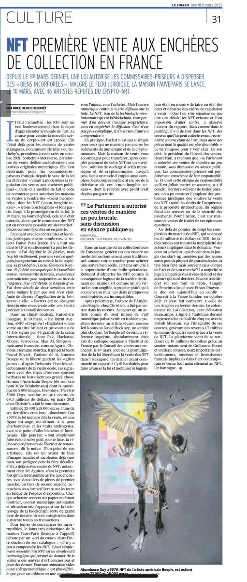 cbarthalois's tweet photo. « Que l’on s’en réjouisse ou que l’on s’en désole, les NFT existent… », retour sur le #colloqueNFT @AcadBeauxarts - @CVVEncheres dans @Le_Figaro aujourd’hui. https://t.co/MfnxctwRlb