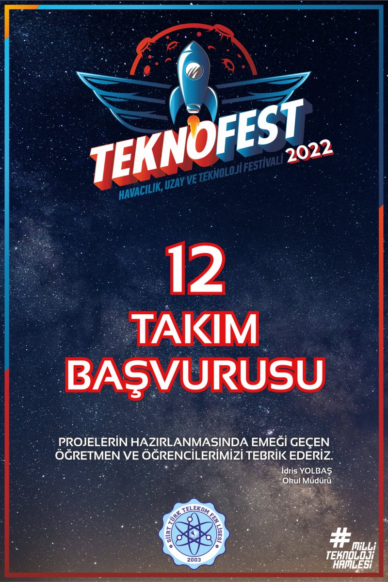 Okulumuz tarafından TEKNOFEST proje yarışmasına 12 Takım başvuru yapılmıştır.. Emeği geçen öğretmenlerimize teşekkür eder proje başvurusunda bulunan öğrencilerimizi kutlarız.. #SiirtTürkTelekomFenLisesi