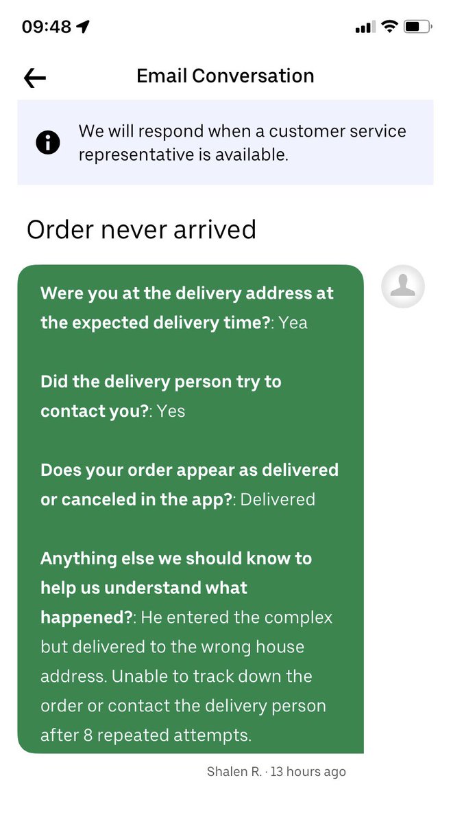SeraphCPT's tweet photo. @UberEats Does it really take over 12 hours for a CSR to respond to an issue? https://t.co/wLHMWYIfy8