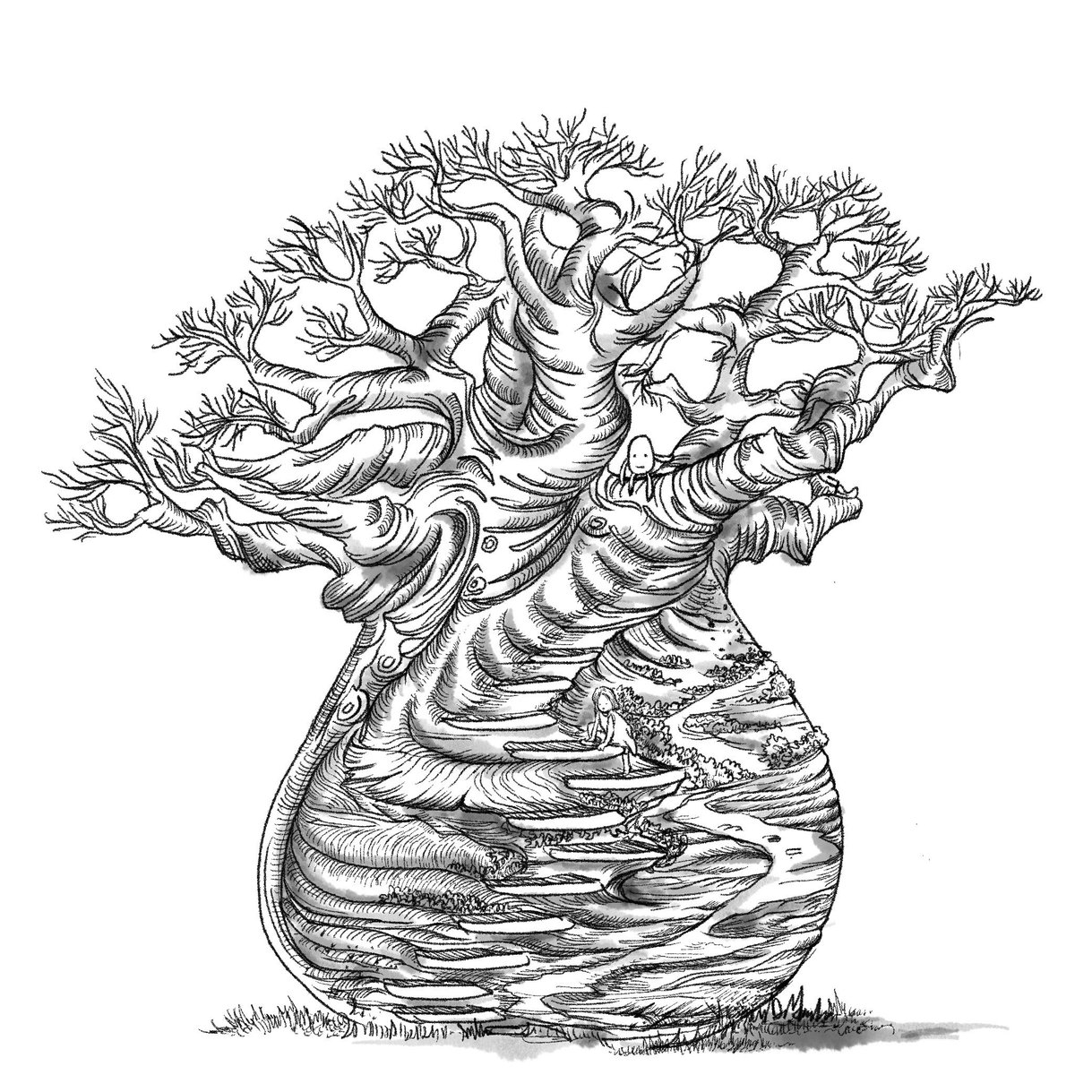 otherworldlyst's tweet photo. Let’s go up the baobab tree. #illustration #art #monochrome #baobab https://t.co/7RqnjXFltR