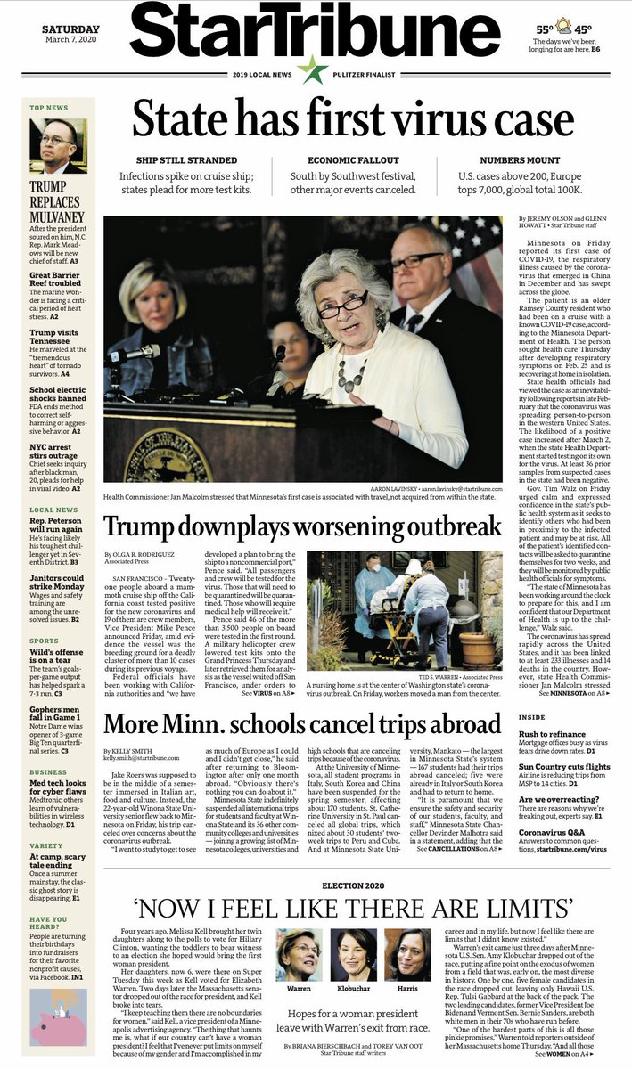 Front page of the <a href="/StarTribune/">The Minnesota Star Tribune</a> two years ago on this day: Minnesota reported its first case of #COVID19. In the last two years, MN has detected more than 1.4 million coronavirus infections and more than 12,000 Minnesotans have died.