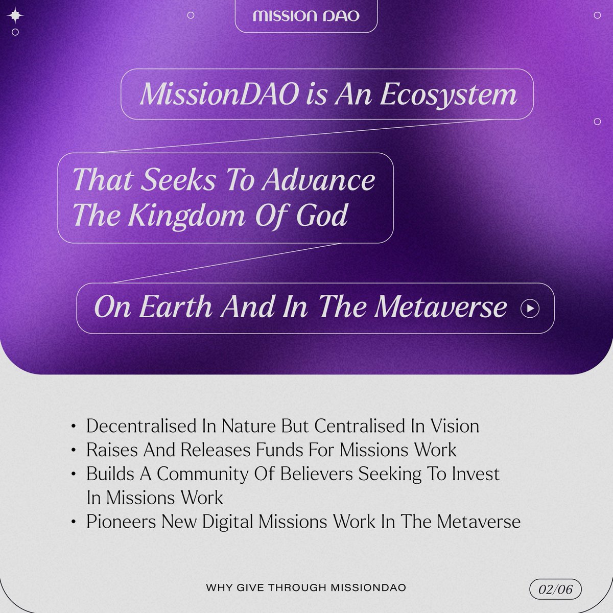 MissionDAO's tweet photo. Why Give Through MissionDAO? 

Bless Underfunded Missionaries In Closed-Access Nations. Pioneer A New Way Of Giving. Be A Part Of A Network Of Believers Seeking To Advance The Kingdom Of God In The Metaverse.

#cryptocurrency #cryptosg #cryptonews #finance #blockchain https://t.co/gWgik1Gbjy