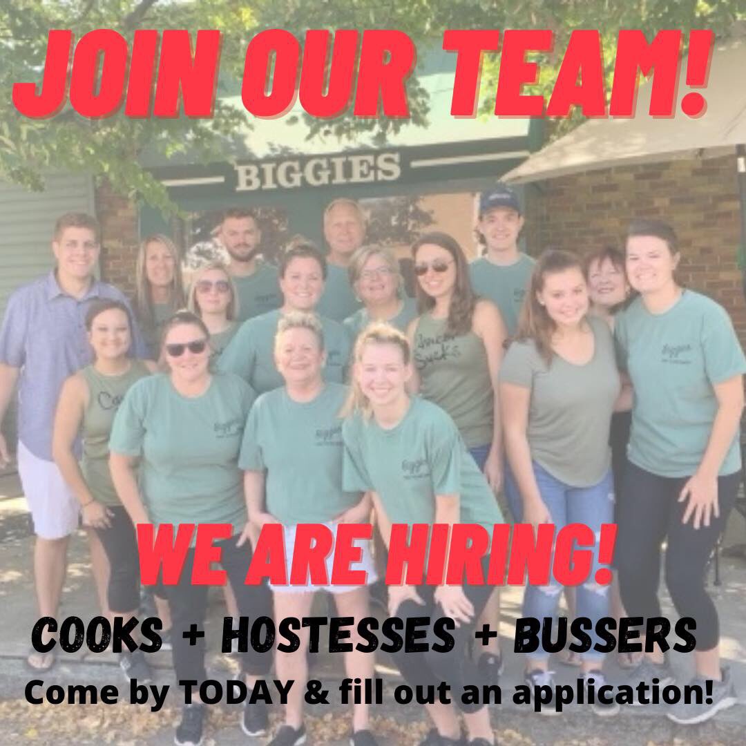 SPREAD THE WORD 🗣

We are looking for some awesome people to join our Biggies family. Currently hiring COOKS 👩‍🍳 + HOSTESSES + BUSSERS!

Come on by TODAY &amp; fill out an application.